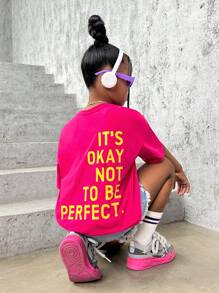 SHEIN Leap Crew 女孩標語圖案落肩T恤 - 玫紅色 - 查看 7