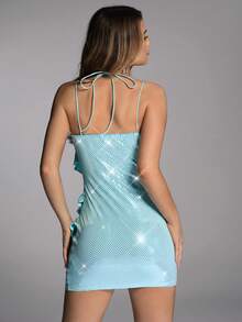 Forever 21 Women's Sparkly Ruffle Halter Summer Party Dress With Spaghetti Straps - Blue - View 3