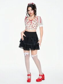 ROMWE Kawaii Sweet Rose Print Cami Top For Women - Burgundy - View 5