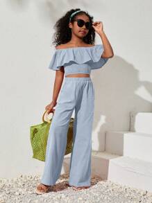 SHEIN Tween Girls' Casual Woven Solid Color Off-Shoulder Crop Top And Loose Pants Set, Spring/Summer Holiday Outfits - Baby Blue - View 4