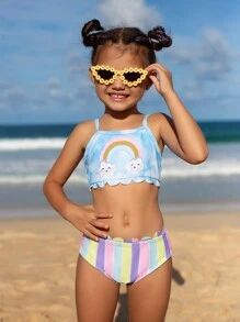 SHEIN 年轻女孩卡通图形扇贝修剪比基尼套装夏日海滩