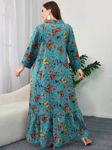 Mulvari Vestido largo de manga larga y modesto con volantes y estampado de mariposas por todo el Body, ideal para el verano, talla grande - Agua verde azul - Ver 2