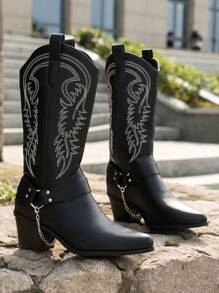 2024 New Style Women's Plus Size Western Style Boots, Elegant Details, V-Cut Embroidery, Fashionable Casual Slip-On Buckle With Chain Design Mid-Calf Riding Boots