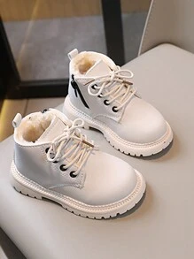 嬰幼女童雪靴，保暖內裡，側拉鏈和鞋帶結合款式，時尚平底踝靴 - 白色 - 查看 2