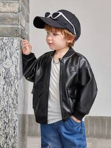 1pc Young Boys' Street Style Cute Black Lightweight PU Long Sleeve Jacket Suitable For Traveling And School, Autumn And Winter Seasons - Black - View 3