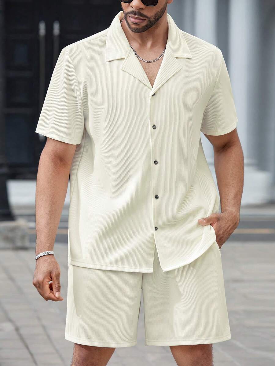 Manfinity Homme Men Plus Solid Button Up Shirt & Shorts For Summer - Beige - View 1