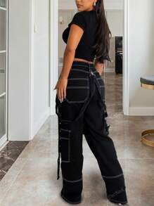 Pantalones casuales de mujer tipo utility con parches y cordón con ojetes