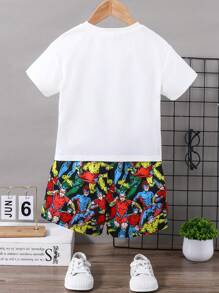 SHEIN Young Boy Printed Knitted Short Sleeve Shorts Pyjama Set, Flame Retardant, Comfortable And Skin-Friendly - Multicolor - View 2