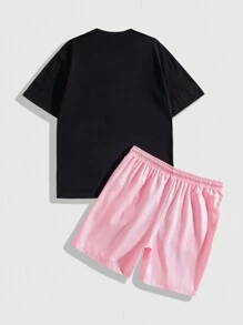ROMWE MEN Street Life Men Figure & Star Print Tee & Drawstring Waist Shorts, School - Black - View 2