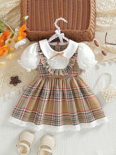 SHEIN Vintaside Kids 女宝宝彼得潘领泡泡袖荷叶边 A 字裙，适合日常穿着和户外活动