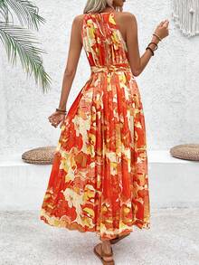 Breezaya 花卉印花百褶領帶領口連衣裙，夏日沙灘假期 - 黃色 - 查看 2