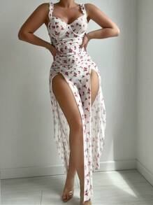 Mesh Floral Underwire Split Lingerie Dress + Thong 2pcs/Set Bridallingerie - White - View 3