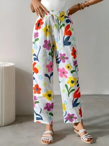 SHEIN LUNE Pantalones largos casuales de resort para mujer, mezcla de lino con estampado de flores, de verano a otoño - Multicolor - Ver 6