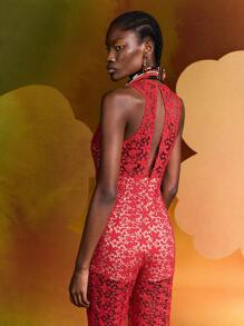 Alice McCall Designer Allover Floral Flower Lace Deep V Neck Jumpsuit, Women, For Summer, Holiday, Valentine's Day, Festival - Red - View 7