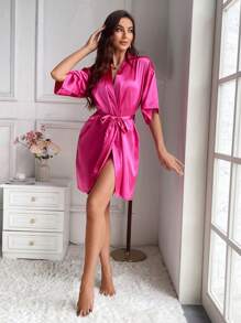 Solid Belted Satin Robe Luxe Loungewear, Fall, Winter - Pink - View 4