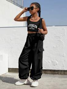 SHEIN Explorewe Tween Girls' Pocketed Jogger Cargo Pants, School, Campus, College