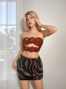 Sweetina Women Cut Out Sequin Decor Tube Top - Orange - View 3