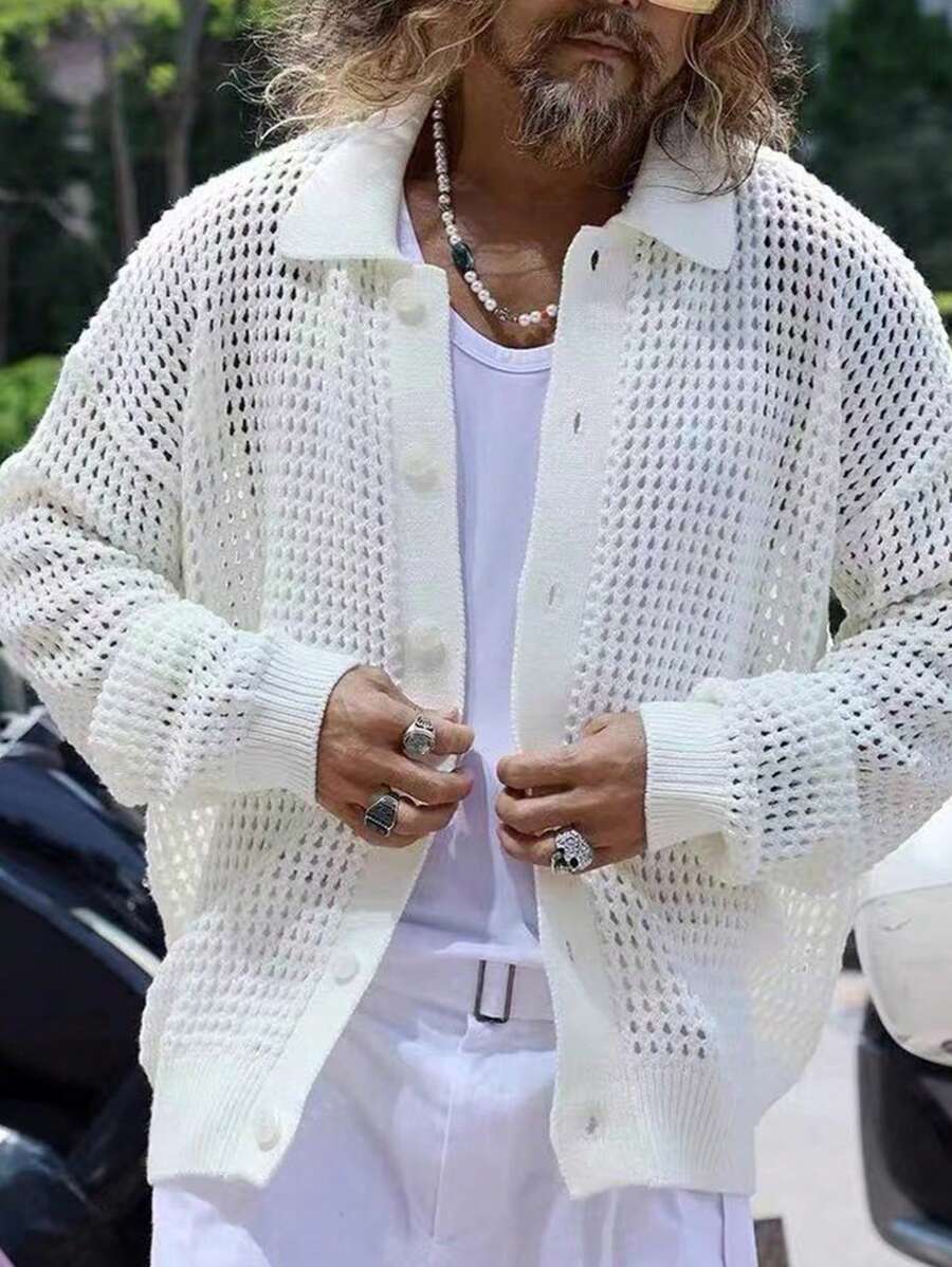 Manfinity Homme Plus Size 鞏固式針織開衫，深V領降肩針織紋開衫 - 白色 - 查看 1