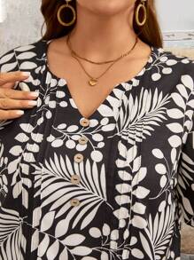 EMERY ROSE 夏季寬鬆款女式植物印花短袖襯衫，配木製鈕扣，大尺碼 - 彩色 - 查看 5