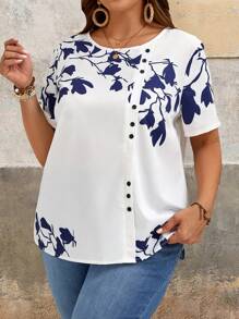 EMERY ROSE 加大尺碼女士夏季印花襯衫 - 白色 - 查看 4