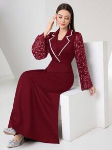 Modelyn 夏季對比綁定荷葉袖裙 - 酒紅色 - 查看 3