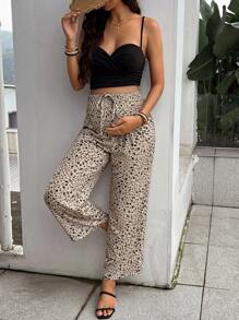 SHEIN Maternity Loose Floral Printed High Waist Flowy Wide Leg Pants For Spring And Summer Holiday - Khaki - View 4