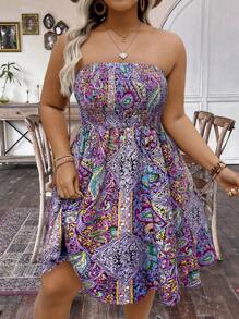 SHEIN Clasi 夏季大码波西米亚风拼布印花露肩褶皱连衣裙 - 紫色 - 查看 1