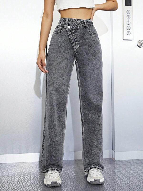 SHEIN ICON Women's Loose Fit Asymmetrical High Waist Straight Leg Denim Pants For Casual Occasions