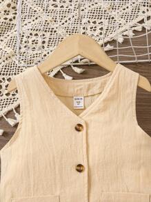 SHEIN 少女夏季纯色单排扣上衣搭配百褶裙休闲两件套，尽显淑女优雅气质 - 卡其色 - 查看 4