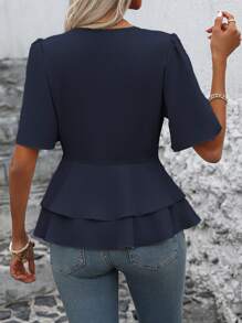 SHEIN LUNE Puff Sleeve Double Button Peplum Blouse