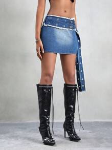 Denim Rock mit Schnallengürtel Detail