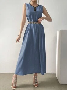 Al Najma Contrast Binding Sleeveless Loose Dress - Blue - View 3