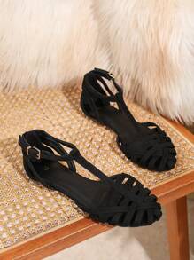 Sandalias planas para mujer, estilo romano de color oscuro con múltiples correas caladas, zapatos planos negro para uso al aire libre, vacaciones, cómodos y antideslizantes, sandalias romanas de verano con diseño transpirable y sexy, pantuflas casuales para el hogar