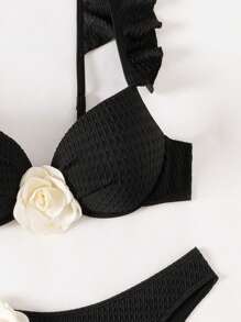 SHEIN Swim 女士夏季海灘比基尼套裝，3D花裝飾和性感頸後綁帶 - 黑色 - 查看 7