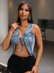 SHEIN SXY Top corto de mezclilla con detalle frontal de corbata y solapa para el verano - Azul - Ver 4