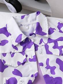 SHEIN Summer Anti-Wrinkle Camp Collar Shirt For Infants, Girls Floral Half Sleeve Button Down Top - Purple - View 6