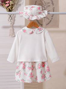 Conjunto de 3 piezas para niña bebé que incluye: chaqueta de manga larga con bordado de flores de encaje, vestido sin mangas con cuello Peter Pan, y gorro con lazo. Con cinturón, cierre con cremallera, estampado de hojas de plantas y volantes. Lindo, cómodo, elegante y casual. Nuevo lanzamiento para primavera, otoño e invierno.