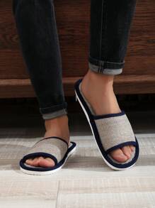 Fall/Winter Seasonal Linen Slippers For Men, Summer Home Anti-Slip Linen Fabric Silent Indoor Slippers, Sweat-Absorbent - Navy Blue - View 3