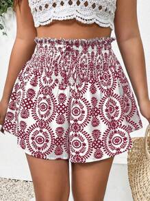 Breezaya Plus Floral Print Paperbag Waist Shorts - Burgundy - View 5