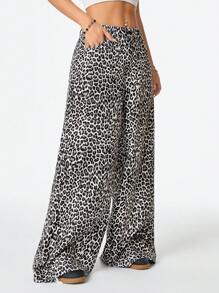 SHEIN EZwear Women's Y2K Streetwear Cool And Versatile Vintage Leopard Print Low Waist Wide Leg Pants - Khaki - View 4