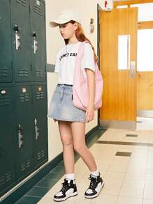 SHEIN Explorewe Chân váy jean đơn giản, thời trang, không chun co giãn, phù hợp cho các bé gái tuổi teen. - Rửa nhẹ - Xem 5