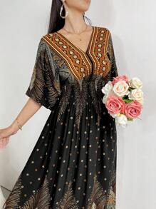 热带印花蝙蝠袖休闲朴素连衣裙 - 黑色 - 查看 3