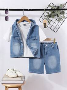 Chaleco con capucha y bolsillo de solapa para niño joven y pantalones cortos sin camiseta - Lavado ligero - Ver 1