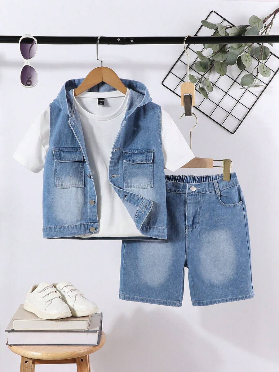 Chaleco con capucha y bolsillo de solapa para niño joven y pantalones cortos sin camiseta - Lavado ligero - Ver 1
