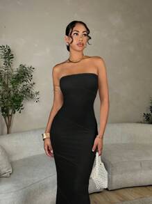 SHEIN BAE Graduation Weißes Kleid mit Schlauch-Oberteil und Vier-Wege-Stretch-Strick-Patchwork, Weißes Strandkleid, Maxikleider Sommeroutfits, Niedliche Sommerkleider für Frauen - Schwarz - Übersicht 2