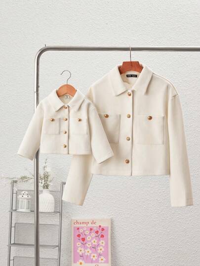SHEIN Baby Girl Solid Color Lapel Jacket, Mommy And Me Matching Outfits (Sold Separately), Casual For Fall Winter