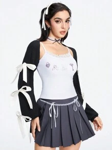 ROMWE Kawaii Girls' Casual Layered Cute Bow Tie Decorated Cover Up With Lantern Sleeves And Open Front, Sunscreen And Air-Conditioned Cover Up - Black - View 6