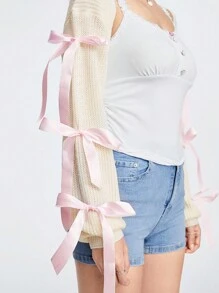 ROMWE Kawaii 青少年女孩休闲分层可爱蝴蝶结腰带装饰灯笼袖罩衫、防晒和空调罩衫、学校