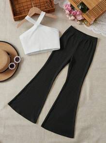 SHEIN Tween Girl 2 cái/bộ Áo dây có dây màu trơn thường ngày và quần có chuông - màu đen - Xem 5