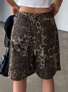 DAZY Leopard Print Zipper Fly Denim Shorts - Brown - View 2
